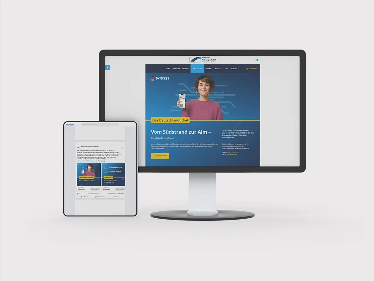 SWWV Digitale Kampagne "Deutschlandticket" abgebildet auf einem Monitor und einem Tablet